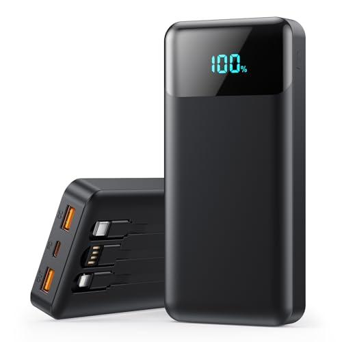 Power Bank 26800mAh, Powerbank con Cavi Integrati 25W PD Ricarica Rapida Caricatore USB C Portatile con 5 Uscite & 2 Ingressi Batteria Esterna con LCD Display per iPhone 16/15, Samsung ect (Nero)