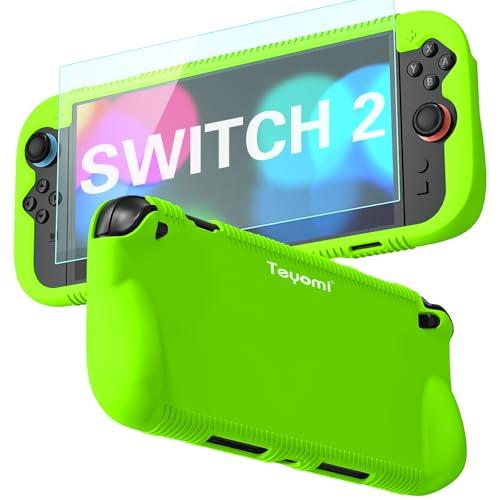 Teyomi Custodia protettiva in silicone compatibile con Nintendo Switch 2, Cover antiurto per Nintendo Switch 2 con pellicola protettiva in vetro temperato, custodia ergonomica per Switch 2 (Verde)