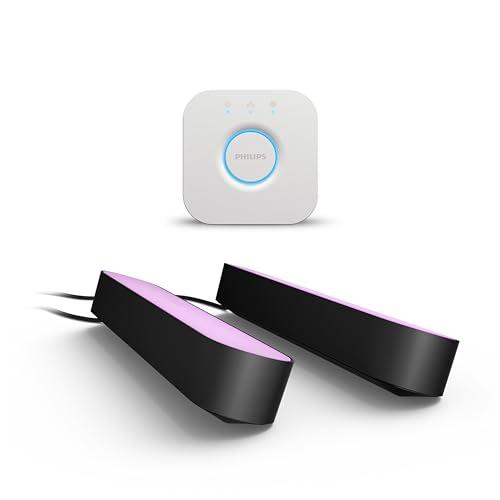 Philips Hue White and Color Ambiance Lampada da Tavolo LED Smart Play e Hue Bridge, Con Alimentatore Incluso, 2 pezzi, Nero