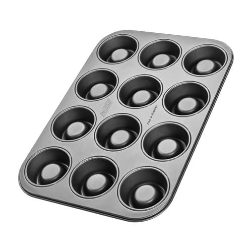 Zenker Stampo per Cupcakes a 12 Impronte Concave Ø7cm, Acciaio al Carbonio Rivestimento Antiaderente, Nero, 385 x 265 x 3 cm Per Muffin e Flan pronti da riempire