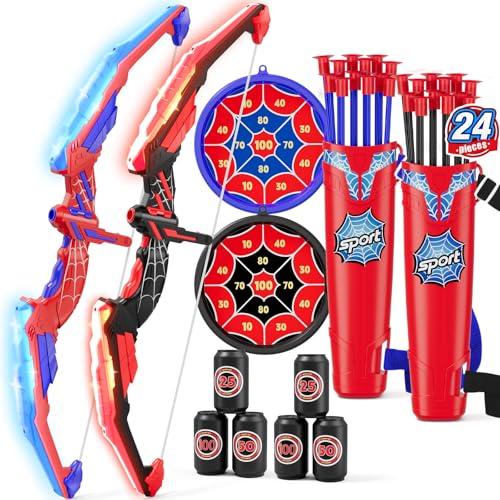 HYES 2 Pack Tiro con L'Arco Freccia e Arco per Bambini, Kit Arco e Frecce Giocattolo con Luci LED, Ventosa Frecce, Bersaglio, Giocattolo Interno ed Esterno Ragazzo Ragazza Regalo di Natale