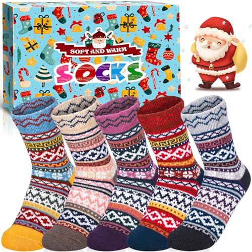 ZZXLOPEZ 5 Paia Alze di Lana, Calzini Donna Invernali, Termici Calze Lana Donna, Natale Calzini Cotone Unisex, Calzini Divertenti Regali Natale Compleanno per Mamma Moglie Amica, Taglia 36-40