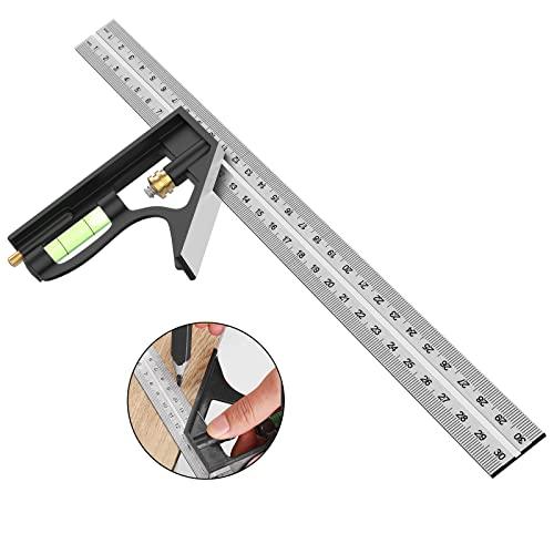Squadra Combinata Regolabile, Utensili da Carpenteria Quadrati Combinati in Acciaio Inossidabile da 12 '/300 mm, Righello da 45/90 Gradi con Livella a Bolla.
