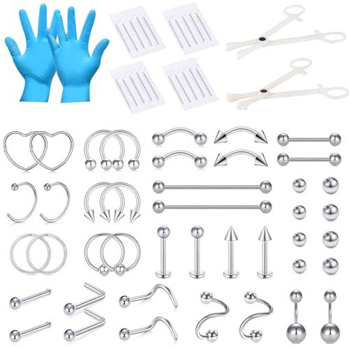 AceFun 66 Pezzi Kit Piercing Professionale per tutti,14G 16G 18G 20G aghi per piercing acciaio inossidabile orecchio naso setto ombelico capezzolo labbra sopracciglio smiley piercing corpo gioielli