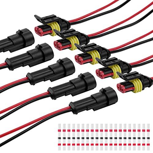URAQT Connettori Elettrici Impermeabili, 5 Pezzi Connettori Elettrici a 2 Pin con 20 Pezzi Saldatura Seal Connettore Filo, Connettore Isolato e Sigillato per Auto, Moto, Camion, Barca