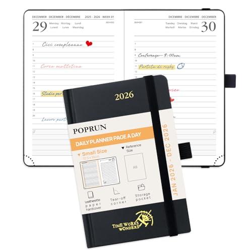 POPRUN Agenda 2026 Giornaliera Piccola, 16 x 10,5 cm, Copertina Rigida, Daily Planner 2026 con Angoli a Strappo e Nastro Segnalibro, Carta Spessa da 70 GSM, Nero