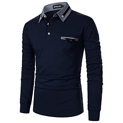 APAELEA Polo da Uomo a Manica Lunga Contrasto Formale Cotone Magliette Tennis Golf T-Shirt,Blu Scuro,L