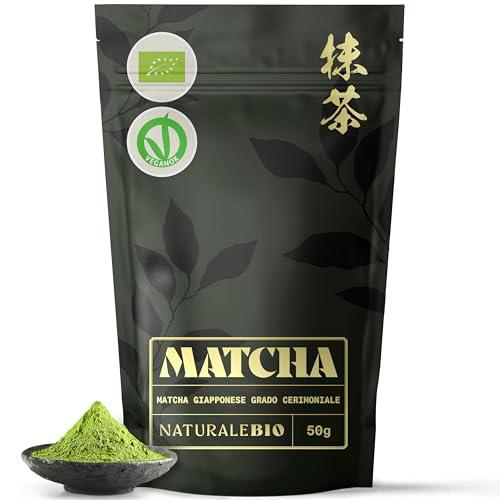NaturaleBio Tè Verde Matcha Biologico in Polvere. Grado Cerimoniale A, 50g. Prodotto in Giappone, Uji, Kyoto. Ideale con latte o per la Cerimonia del Tè. Senza Zuccheri Aggiunti e Conservanti.