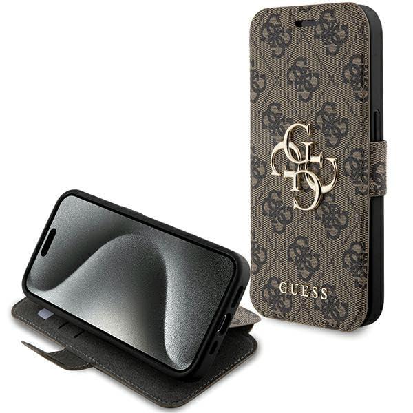 GUESS GUBKP15X4GMGBR Custodia per iPhone 15 PRO Max 6.7, con Logo in Metallo, Colore: Marrone
