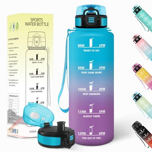 Baramumu Borraccia 1,5 litri, Riutilizzabile, Borraccia Motivazionale, a Prova di Perdite, Bottiglia Acqua, Senza BPA, Borracce, per Sport, Ciclismo, Palestra, Ufficio, Blu-Viola