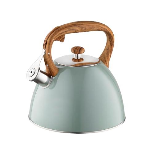 FLORINA Bollitore Acqua (2,5 l) I Bollitore da Fornello FRANK I Manico in Legno I Fischio Automatico I Per Fornelli a Induzione, Gas, Elettrici I Colore: Verde opaco