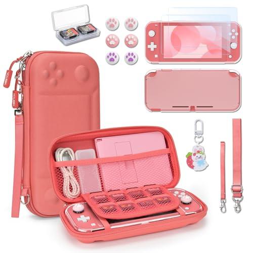 Younik Custodia Switch Lite, Bundle di Accessori Switch Lite 14 in 1, Custodia Protettiva Trasparente, Custodia per Carte di Gioco, 2 Proteggi Schermo, 6 Grip per il Pollice, Ciondolo, Corallo