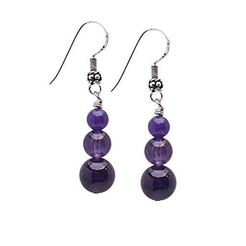 Orecchini da donna fatti a mano con pietre preziose triple perline e orecchini pendenti in argento sterling - Idee regalo per le donne (Ametista)