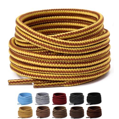 Olukssck 2 Paia Lacci per Scarpe Rotondi, Stringhe Scarpe Robuste e Resistenti per Scarpe Sportive da Trekking, Stivali da Lavoro e Scarpe da Scarponi Montagna - Diametro 4 mm, Giallo/Marrone, 122cm