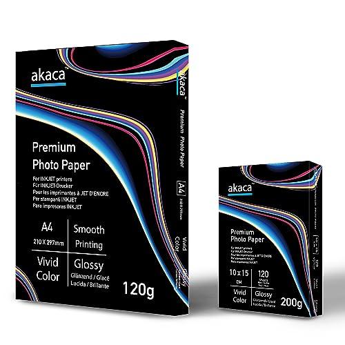 akaca Carta Fotografica Lucida Premium Glossy Photo Paper, A4 (210 x 297 mm), 120g, per Tutte Stampanti A Getto d'inchiostro