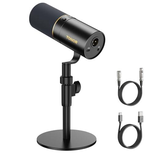 TONOR Microfono Dinamico USB/XLR per Podcasting con Supporto per Tavolo, PC Gioco Streaming Microphone, 3.5mm jack, Pulsante Mute, per Canto, Regisrazione, YouTube, Gaming, ASMR, TD520