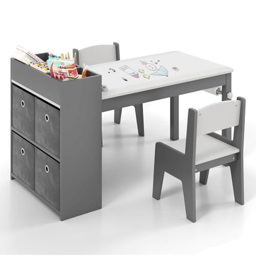 COSTWAY 3 in 1 Set Tavola d’Arte e 2 Sedie per Bambini, Tavolo in Legno con Rotolo di Carta per Disegnare, Mobile Montessori per Cameretta con Ripiani e 4 Cassetti in Tessuto Salvaspazio (Grigio)