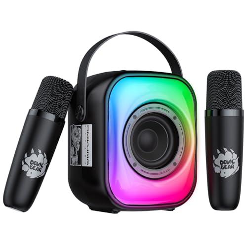 PHNIXGAM Mini macchina per karaoke con due microfoni wireless, altoparlante Bluetooth portatile per adulti e bambini, microfono per karaoke con LED, supporto altoparlante per scheda