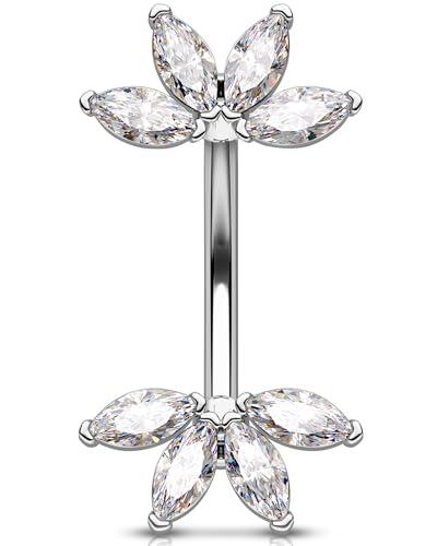OUFER 14G Fiore Piercing Ombelico Anello Acciaio Chirurgico 316L Belly Button Bar Trasparente Marquise CZ Navel Ring Per Le Donna 10 mm