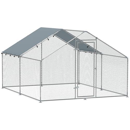 PawHut Pollaio per Galline da Esterno, 3x3.4x1.9m 10.2m² Recinto per 10-15 Galline in Acciaio Zincato, Gabbia per Polli con Tetto Impermeabile Anti-UV e Serratura, per Piccoli Animali Anatre e Conigli
