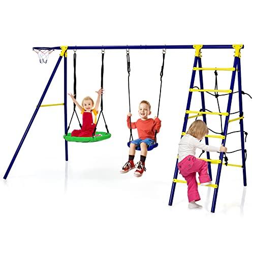 COSTWAY 5 in 1 Set Altalena da Giardino per Bambini, con 2 Altalene, Canestro da Basket, Scala di Arrampicata, Carico Massimo di Ogni Sedile 75 KG, Ideale per Interno ed Esterno