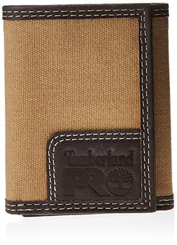 Timberland PRO Men's Canvas Leather RFID Trifold Wallet with Zippered Pocket, Khaki, One Size