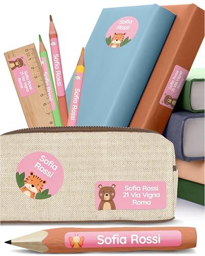 melu kids® Set di Etichette Adesive Personalizzate Scuola [150, Rosa] - Etichette Adesive per Matite, Quaderni, Materiale Scolastico e Oggetti - Resistenti all'Acqua - Tre Dimensioni