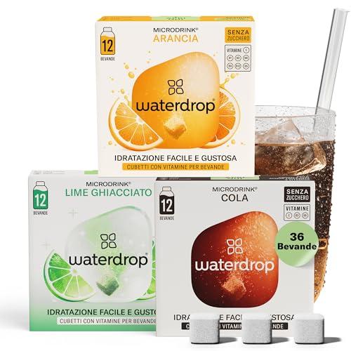 waterdrop® Set Microdrink, ARANCIA, COLA e LIME, 36 cubetti effervescenti, insaporitore acqua senza zucchero per aromatizzare l'acqua, Estratti di frutta, Acqua Aromatizzata, infusione a freddo