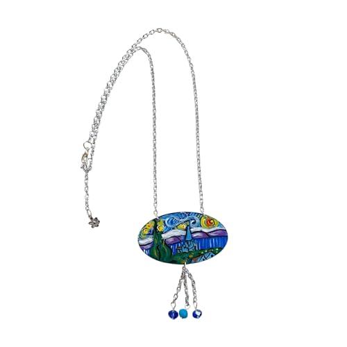 Collana pendente dipinta a mano - LA NOTTE STELLATA DI VAN GOGH - Collana con ciondolo dipinto a mano, Medaglia in legno dipinta a mano, Gioiello elegante in legno interamente dipinto