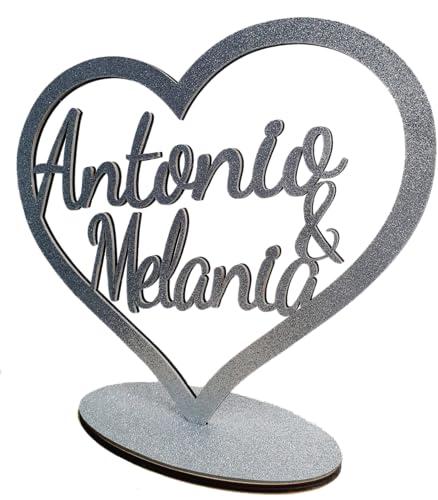 CUORE Decorazione Tavolo con il nome degli sposi -glitterato super luminoso- perfetto per matrimonio, anniversazio, nozze d'oro, d'argento - molti colori - Nome da tavolo - centrotavola personalizzato