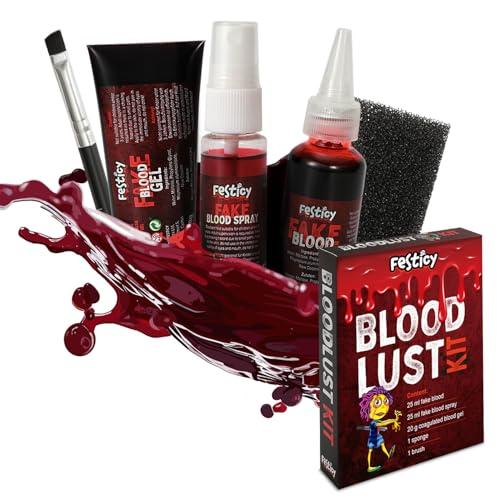 Festicy Set Sangue Finto Halloween 2025 I 3 Tipi di Sangue Finto Lavabile (Spray, Gel, Liquido) + Spugna e Pennello I Make Up , Costumi, Effetti Spaventosi I Trucchi Halloween Bambini e Adulti