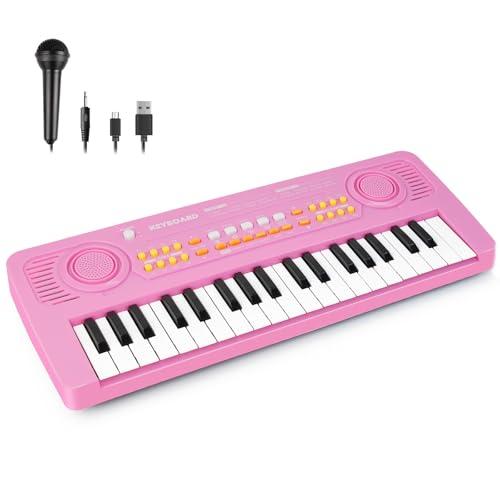 Pianola Tastiera Bambini Giocattolo Educativo con Microfono 37 Tasti Portatile Musicale Elettronica Pianoforte per Principianti Ragazzi Ragazze Regali di Compleanno e Natale di 3 4 5 6 7 Anni, Rosa