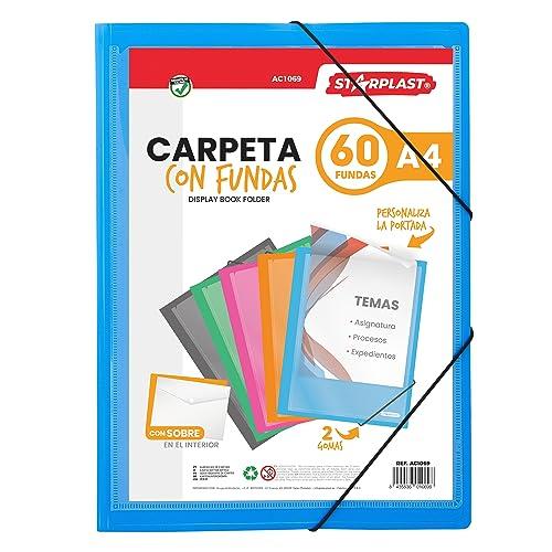 Starplast Cartelle con Buste - Cartelle in Plastica, Archiviatore, Portadocumenti, Chiusura Elastica, Formato A4, per Uso Scolastico e Ufficio - 60 Buste Blu
