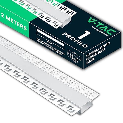 V-TAC 1 Profilo per Strisce Led da 2 METRI a Scomparsa con Diffusore - (2 Metri Totali) - Profili per Cartongesso da Parete e Soffitto a Incasso - Alluminio - Misure 61,5 x 14 mm - Apertura: 20,7 mm