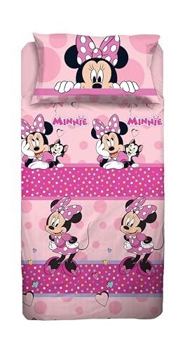 Minnie Mouse, Set Lenzuolo Letto Singolo, Completo Letto Singolo Disney, Lenzuolo Sopra, Lenzuolo Con Angoli, Federa, Rosa,Disney, 100% Cotone, Prodotto Ufficiale