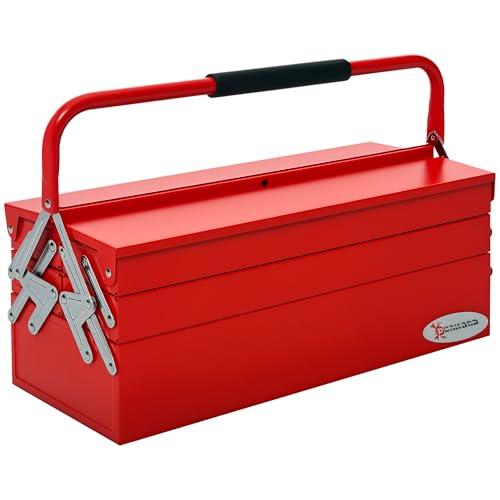 DURHAND Cassetta Porta Attrezzi in Acciaio Pieghevole con 5 Vassoi, Valigetta Porta Attrezzi 56x20x41 cm, Rosso