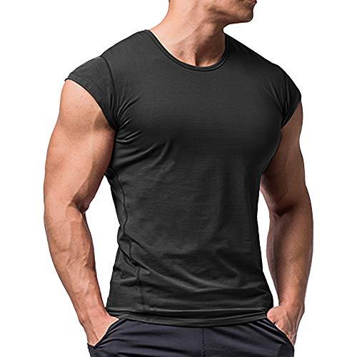 Uomo Atletico Magliette Tees Corto Manica Muscolo Taglio per bodybuilding Allenarsi Formazione Fitness Top equipaggio Collo cotone Nero L