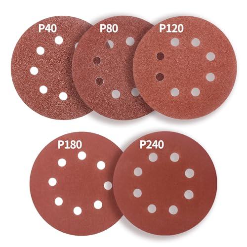 FEIHU 50 Pezzi Dischi Abrasivi 125mm, Carta Vetrata Abrasiva 8 Fori per Levigatrice Orbitale: Grana 40 80 120 180 240