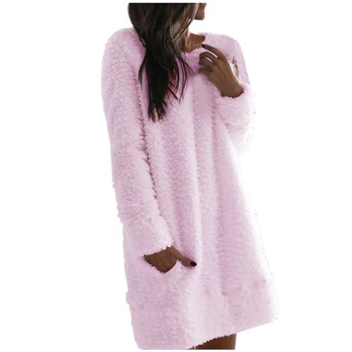 Abiti da donna alla moda in pile corallo caldo manica larga casa con tasche dritto peluche abito casual increspato per le donne, rosa, L