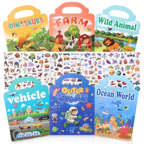 6 libri di adesivi riutilizzabili per bambini, libro di adesivi 3D per bambini, libro di adesivi portatile per 2-4 anni, adesivi Puffy: dinosauro, animali, mondo subacqueo, fattoria, spazio, veicolo