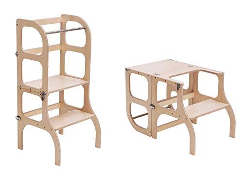 Torretta pieghevole con seduta, altezza in piedi 45 cm, Sgabello, sgabello pieghevole, torre montessoriana con seduta e tavolo pieghevole, legno betulla, verniciato UV, legno con finiture argento