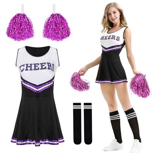 DAZZTIME Vestito Cheerleader,Costume da Cheerleader per Ragazze Taglia-S,Uniforme da Cheerleader con Pompon e Calzini,Costume da Adulto,Costume da Adulto Halloween per Ragazze Festa Cosplay.