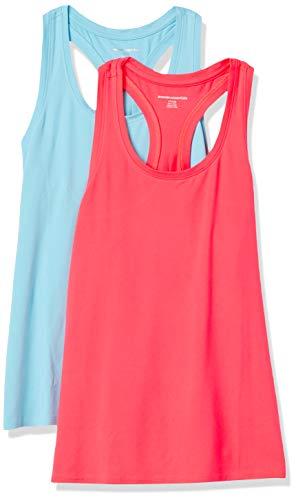 Amazon Essentials Canotta Tecnica Sportiva con Spalline incrociate sulla Schiena e Scollo Rotondo, Tessuto Elasticizzato ad Asciugatura Rapida Donna, Pacco da 2, Rosa Fluo/Blu, XL