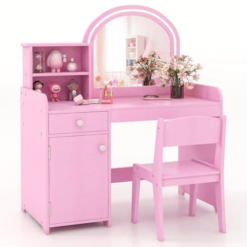 COSTWAY Toeletta Trucco 2 in 1 per Bambina, Specchiera per Ragazza in Legno con Mensole, Cassetto, Ripiani e Luci LED Regolabile, Postazione Trucco per 3 Anni, 80 x 40 x 94 cm (Rosa)
