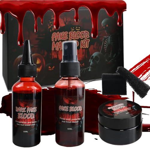 Halloween Sangue Finto,Kit Realistico Finto Lavabile,con Fake Blood+2 Spugnette per il trucco,per Halloween Effetti Speciali Trucco per Vampiro, Mostro e Zombie Sposa