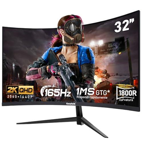 Gawfolk schermo PC da 32 pollici, 2K WQHD (2560×1440P), Monitor da gioco curvo a 165 Hz, 1ms, 100% sRGB, grandangolo 178°, HDMI、DisplayPort, Compatibile con VESA100*100MM montato a parete-Nero
