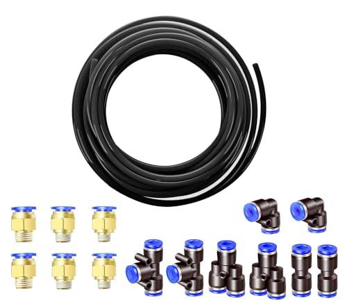 HUAZIZ 10mm OD 6.5mm ID Aria Pneumatica Tubo,10 meter Tubo per Poliuretano Nero + 8 Pcs 10 mm Pneumatico Connettore Raccordo per dell'aria Raccordi a Innesto Rapido a Innesto Connettori