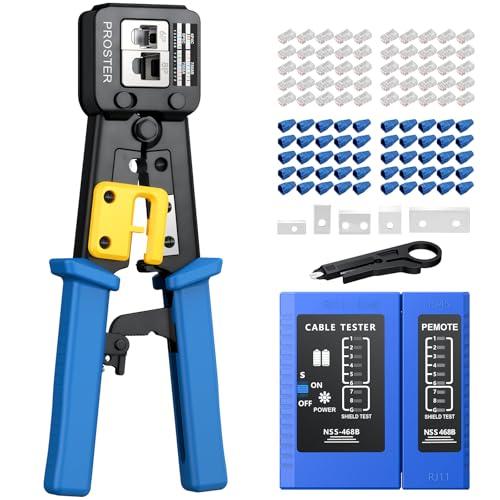 Proster Kit di Strumenti a Crimpare RJ45 Strumento a Crimpare Passante RJ45 per Cavo di Rete CAT5 CAT5e CAT6 8P e Cavi Telefonici RJ11 RJ12 6P con Tester 50pz Connettori CAT6 e Coperture Protettive