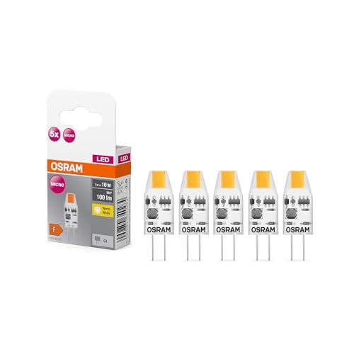OSRAM LED BASE PIN MICRO, confezione vantaggiosa con 5 lampadine a bassa tensione, sostituisce le tradizionali lampadine PIN speciali da 10W, bianco caldo (2700K), 1W, attacco G4, vetro opaco, non dim