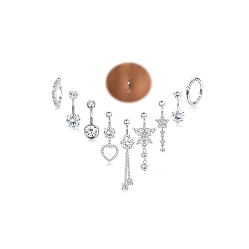 YADOCA 14G 9 Pezzi Piercing Ombelico Acciaio Chirurgico Argento Oro, Piercing Ombelico Pendente, CZ Piercings Ombelico Anello, Navel Piercings per Le Donne